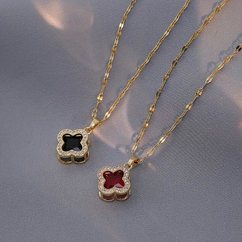 18K Gold Black Clover Pendant Necklace