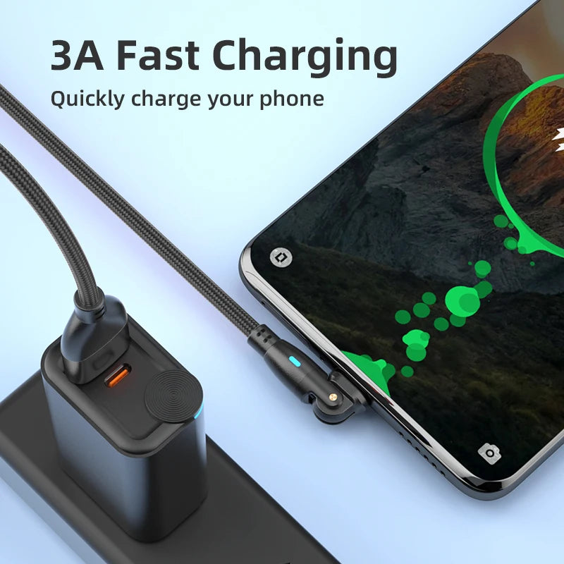 Fast-Charging 180° Rotatable 3A USB Type-C Micro USB-C Cable 180° Right-Angle for Mobile Phones Computers