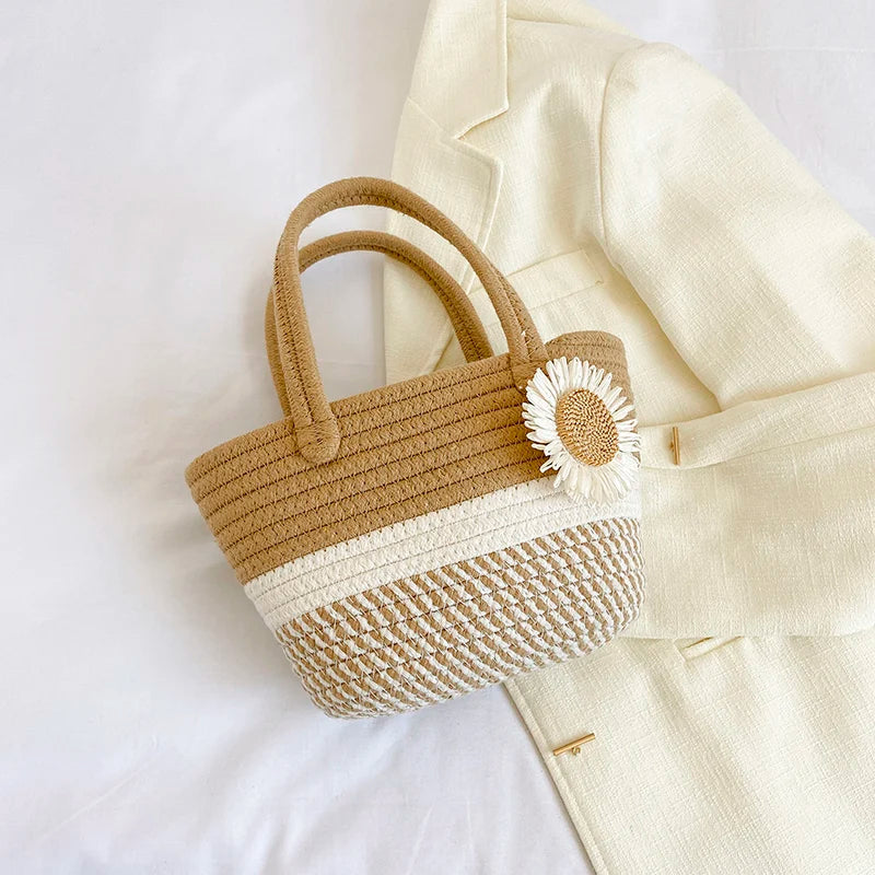 Handwoven Straw Shoulder Bag for Women Summer Beach Tote with Bow