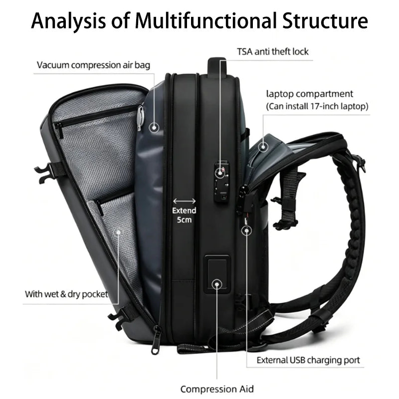 Vacuum Compression Travel Laptop Backpack with Electric Air Pump & USB Charging Port