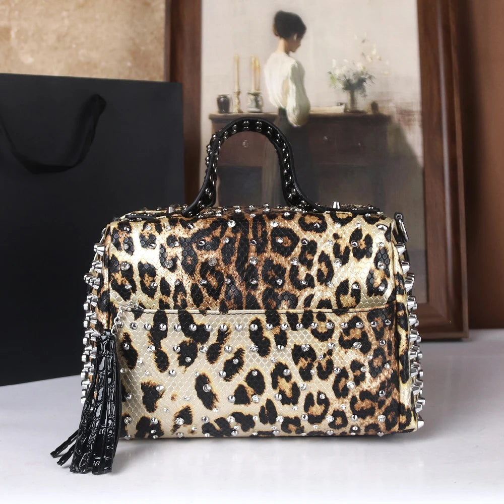 Leopard Punk Rhinestone Handbag - Large Capacity