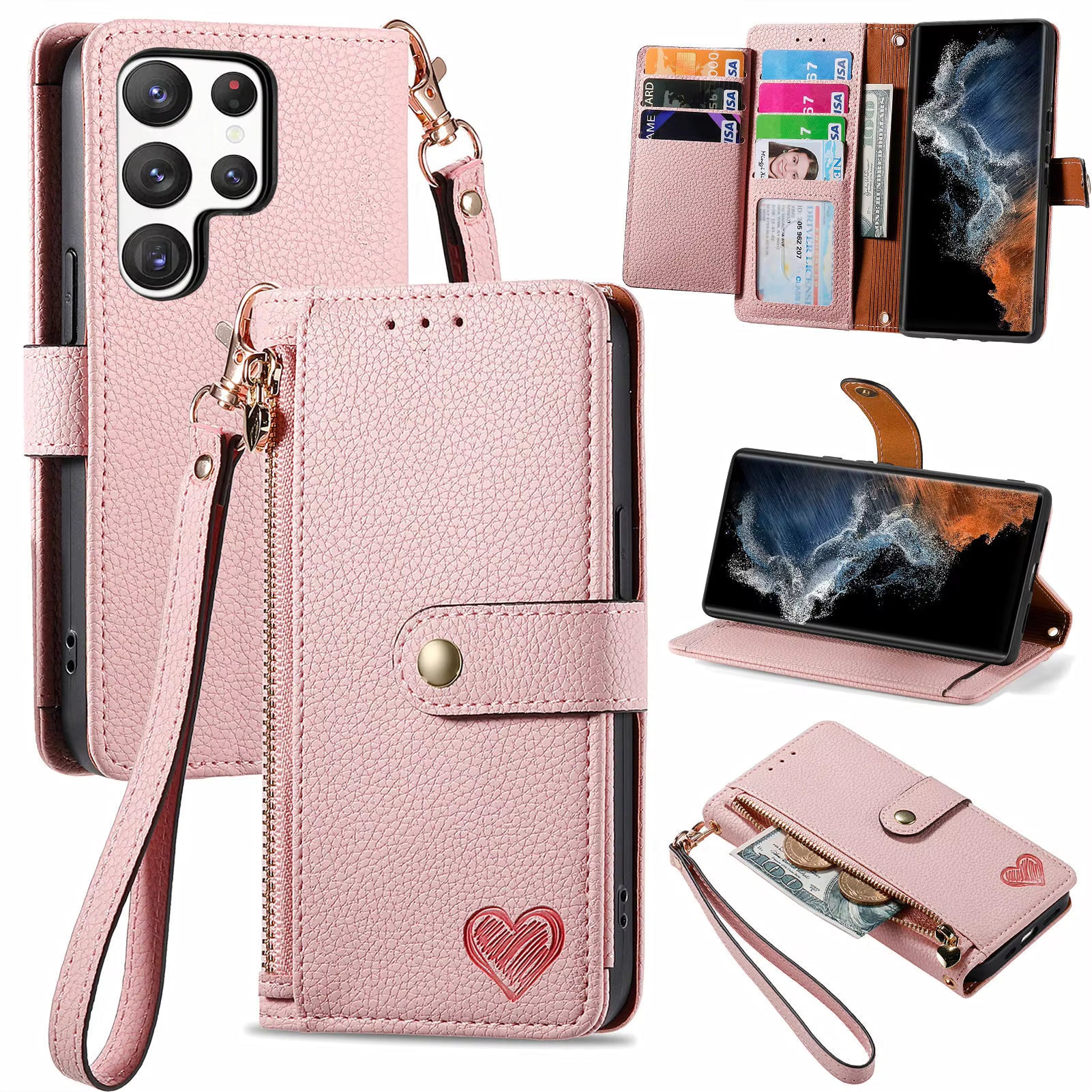 Luxury Heart Design Flip Leather Wallet Case for Girls – Card Holder & Book Style Cover for Mobile Phone