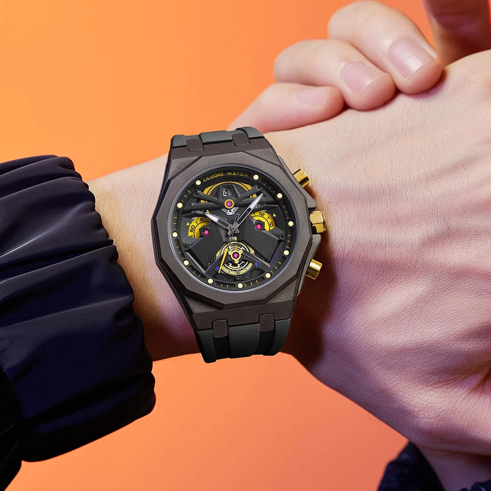 LILUOKE Man Wristwatch Quartz Watch Stainless Steel Case Silicone Strap Waterproof Fashion Watches for Men Sport Watch