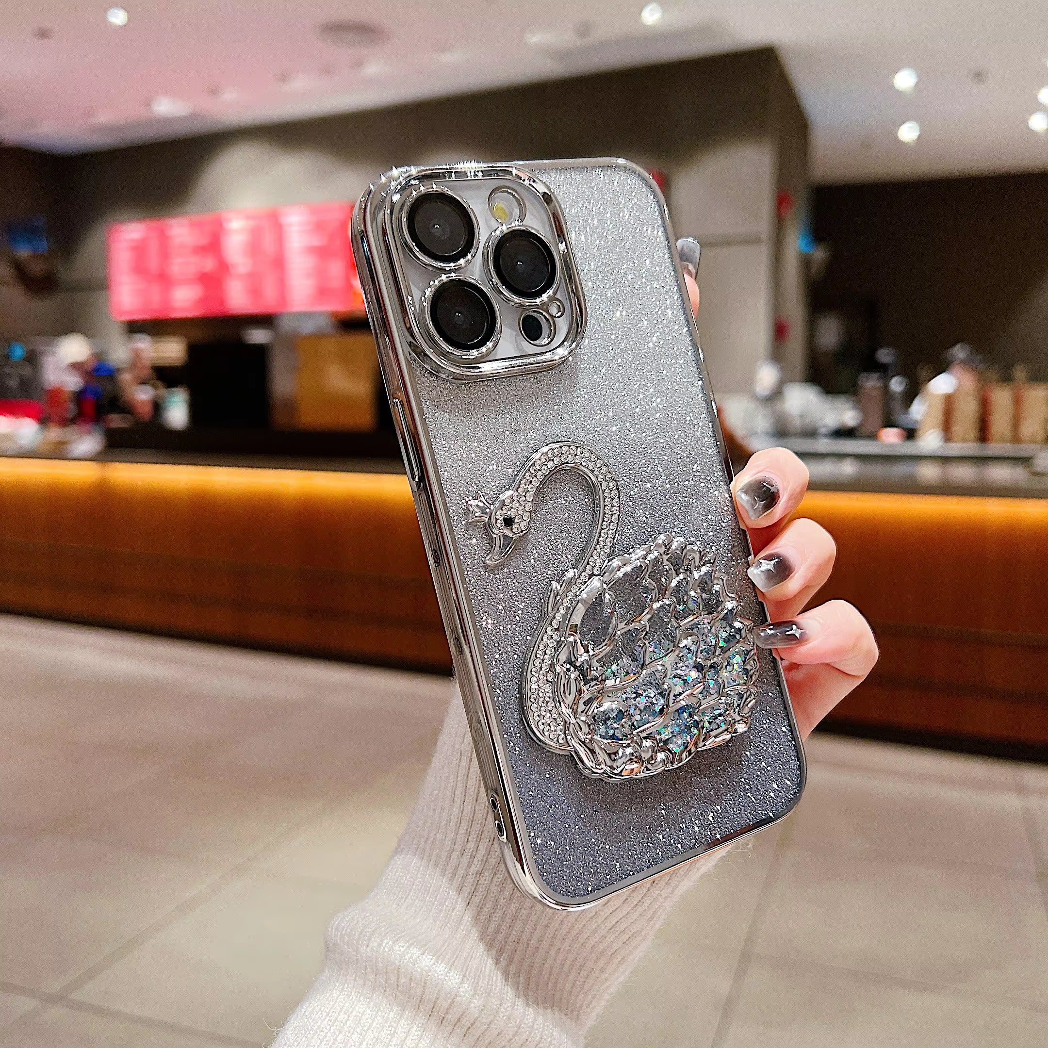 Luxury Plating Bling Glitter Gradient Diamond Swan Quicksand Phone Case for iPhone