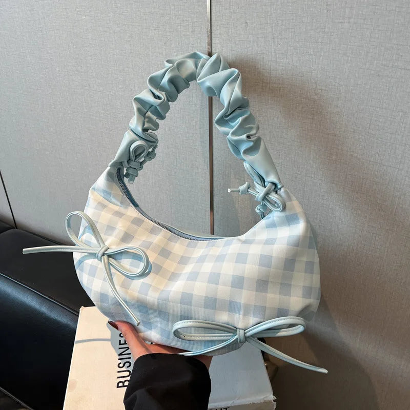 Niche Soft Ruched Zipper Bags New Summer Plaid Half Moon