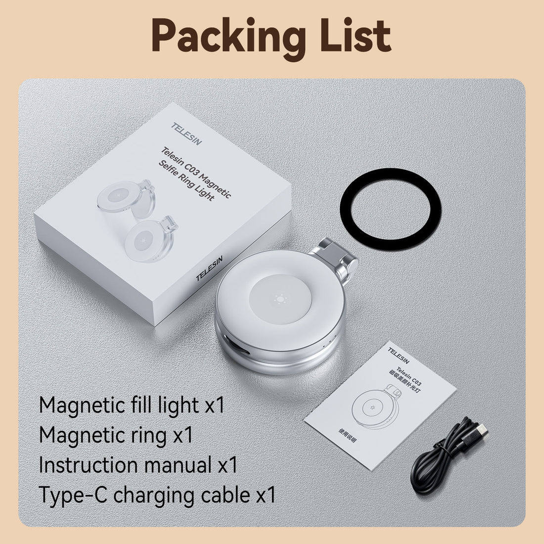 TELESIN Portable LED Selfie Ring Light with 360° Rotation & Makeup Mirror