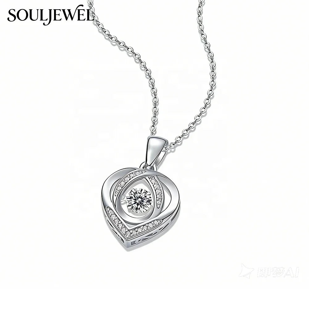 Hollow Heart Moissanite Pendant Necklace - Silver