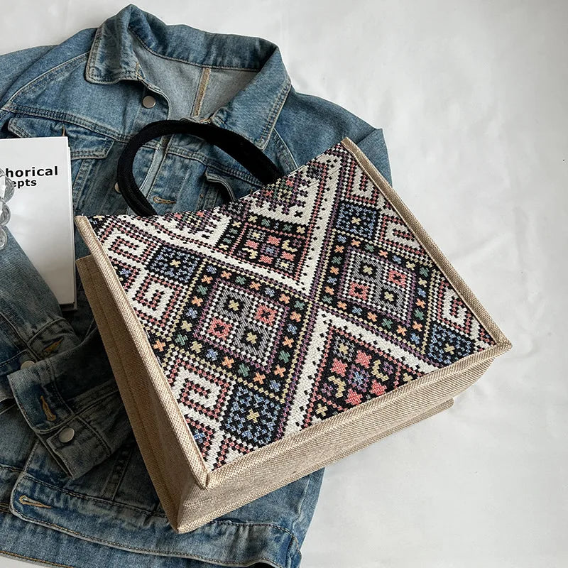Large Capacity Ethnic Style Canvas Tote Bag for Women
