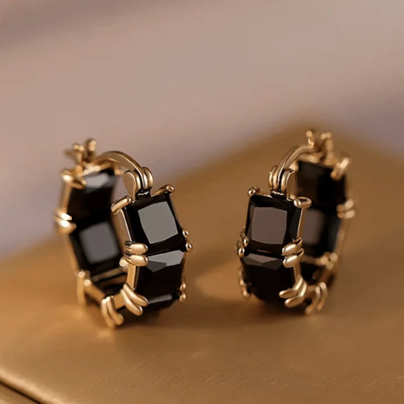 Elegant Black Crystal Zirconia Hoop Earrings
