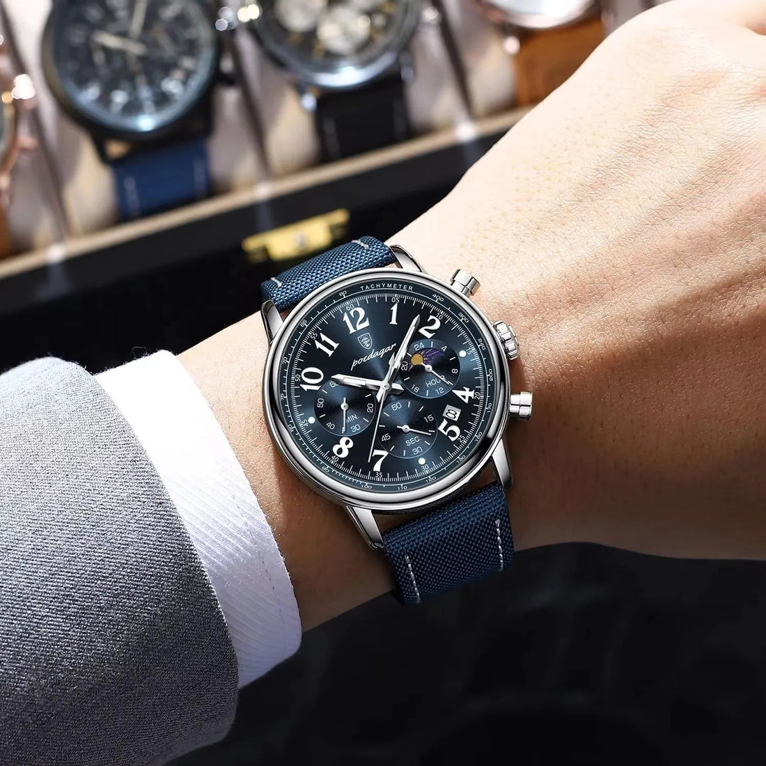 Luxury Silver Blue Quartz Chronograph Watch for Men