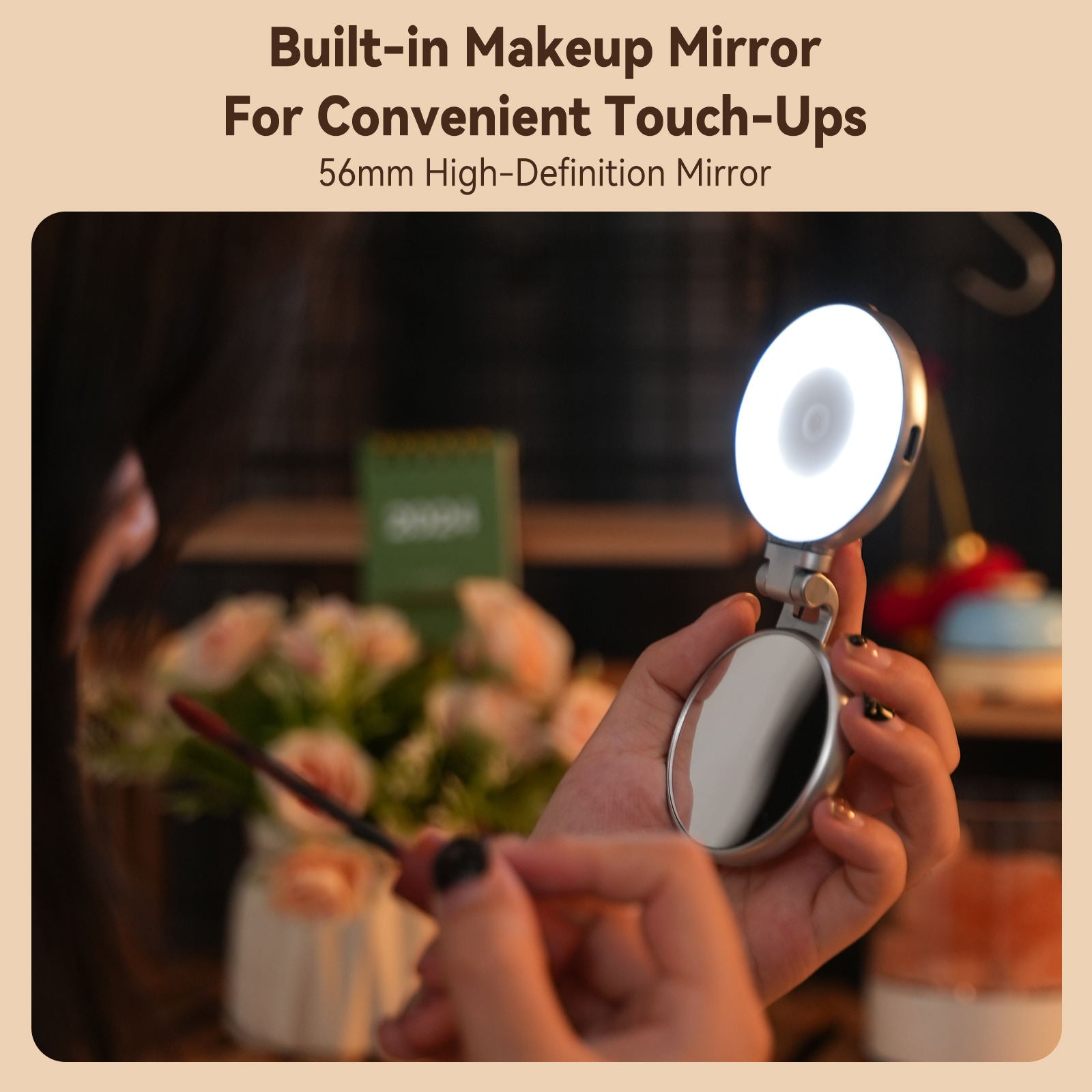 TELESIN Portable LED Selfie Ring Light with 360° Rotation & Makeup Mirror