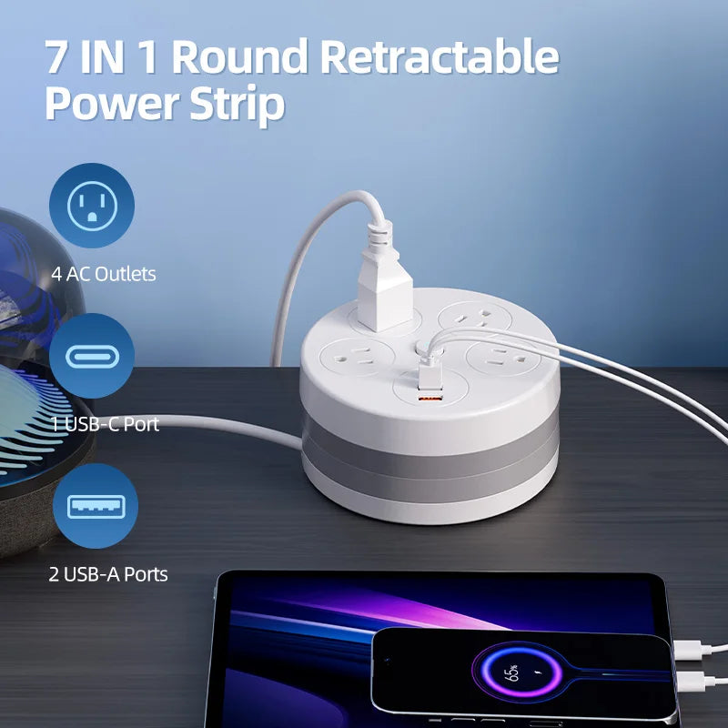 ROUND POWER SOCKET RETRACTABLE EXTENSION CORD 4AC 3USB US TYPE POWER STRIP