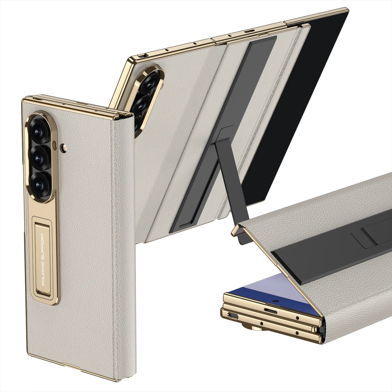 Electroplated Leather Golden Sides Back Cover with Stand Holder Phone