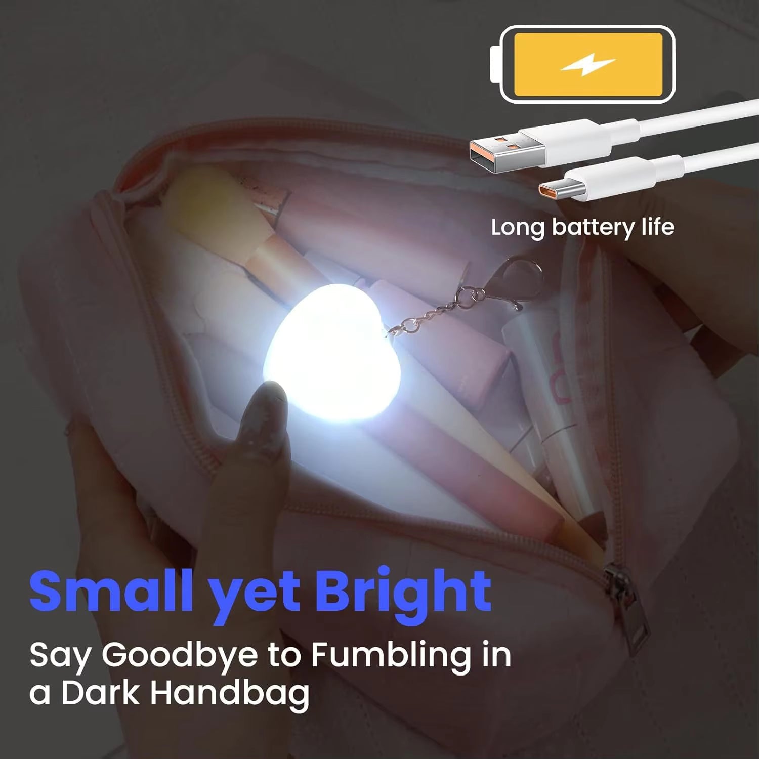 GlowHeart Touch LED Handbag Light – Type-C Rechargeable Smart Bag Lamp