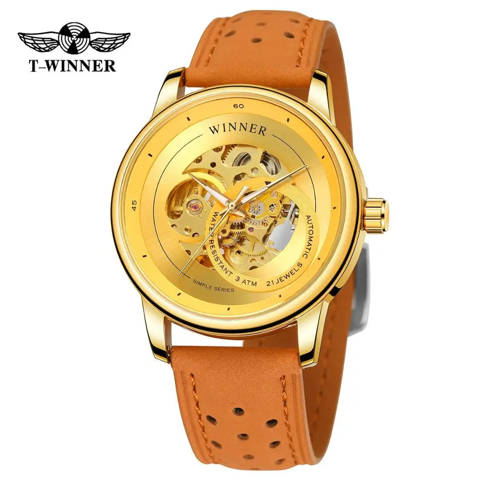 T-WINNER Gold Skeleton Men's Automatic Sport Watch