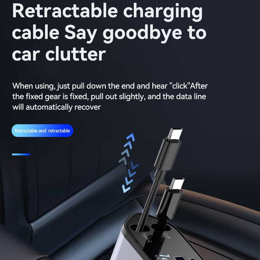 4-in-1 Fast Car Charger with LED Display & Retractable Type-C Cables – Portable for iPhone 16