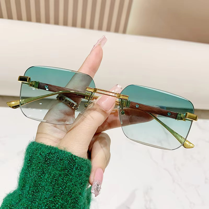Wood Grain Temple Metal Rimless Sunglasses