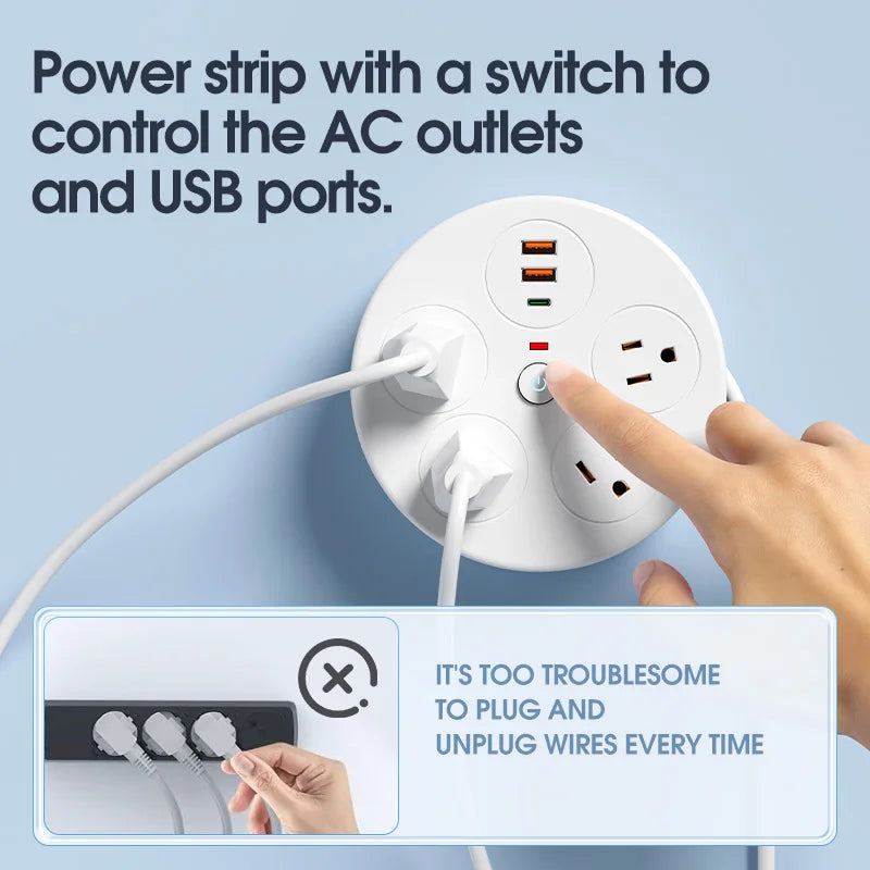 ROUND POWER SOCKET RETRACTABLE EXTENSION CORD 4AC 3USB US TYPE POWER STRIP