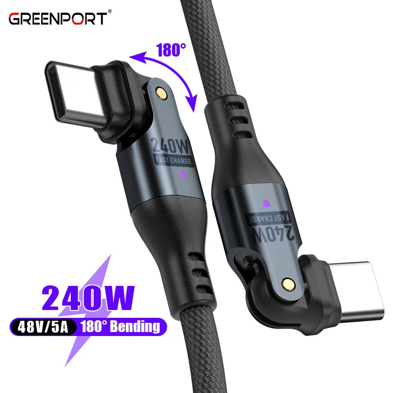 Fast Charging Type-C Cable | Pd 240w USB C to Type C Phone Laptop Quick Charger Cable 180 Bending
