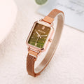 Women's Square Quartz Watch Rose Gold Mesh Strap Green Dial