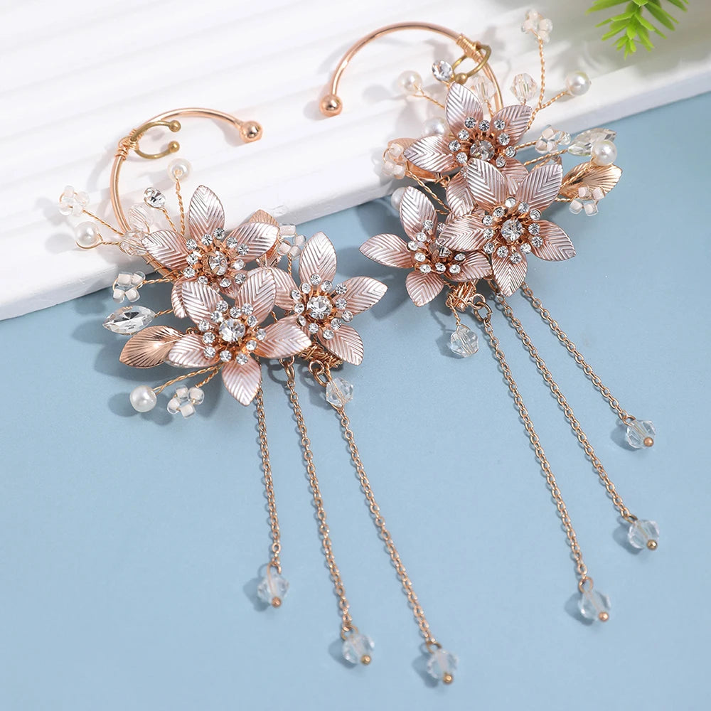 Elegant Metal Leaf Tassel Earrings for Brides