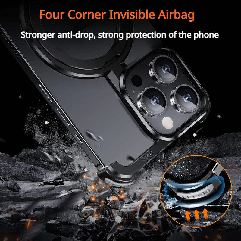 Luxury Aluminum Metal Magnetic Phone Case for iPhone with Ring Stand – Frameless Bumper Shockproof Back Cover