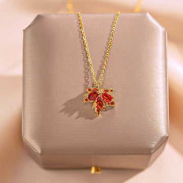 Elegant Maple Leaf Necklace with Red Accents – Premium Materials, Gemstone Jewelry for Special Occasions