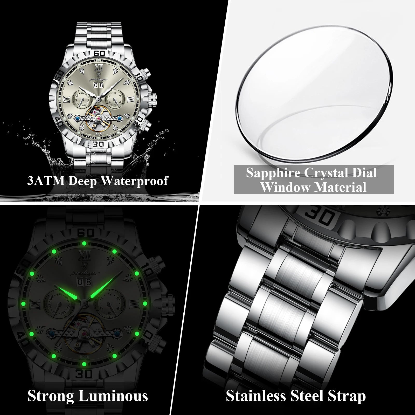 Poedagar Luxury Skeleton Tourbillon Men's Watch