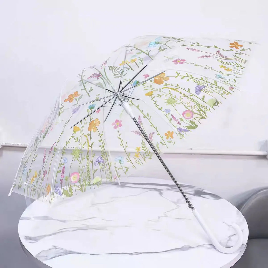 Flower POE Transparent Straight Long-handled 8 Ribs Outdoor Rainy Umbrella