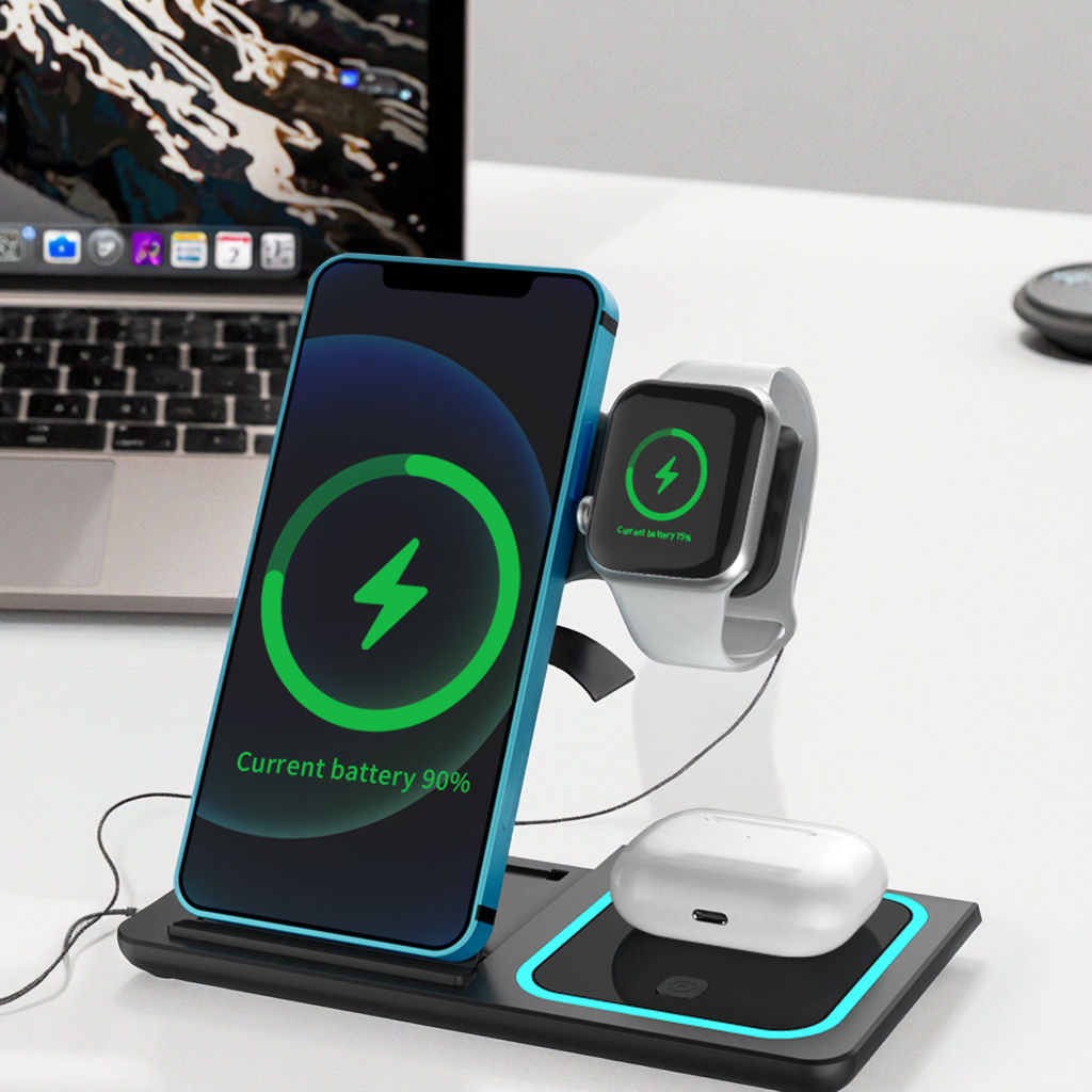 3-in-1 Foldable Wireless Charger – LED Fast Charging Dock for Mobile, iWatch & AirPods