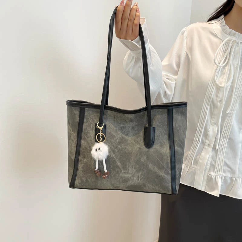Fashion Retro Solid Color PU Zipper Waterproof Portable Tote Bag