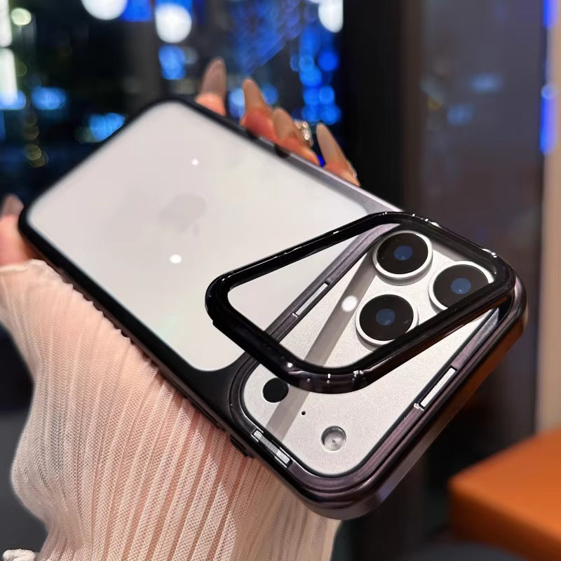 Folding Kickstand Electroplating Phone Case with Camera Frame Glass Protector for iPhone