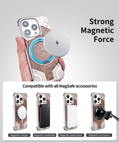 Luxury Aluminum Alloy Bumper with Real Walnut Wood Magnetic Stand Case for iPhone