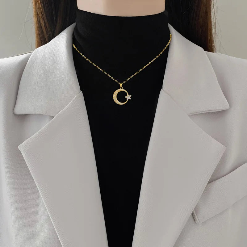 18K Gold Star Moon Pendant Necklace with Zirconia