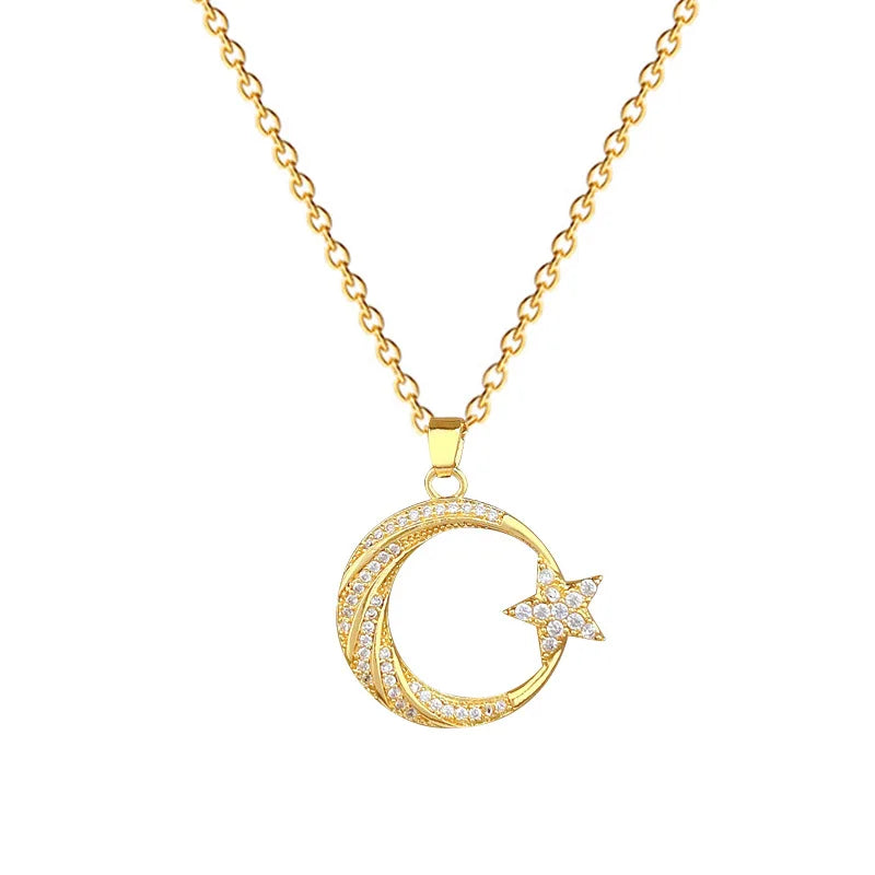 18K Gold Star Moon Pendant Necklace with Zirconia