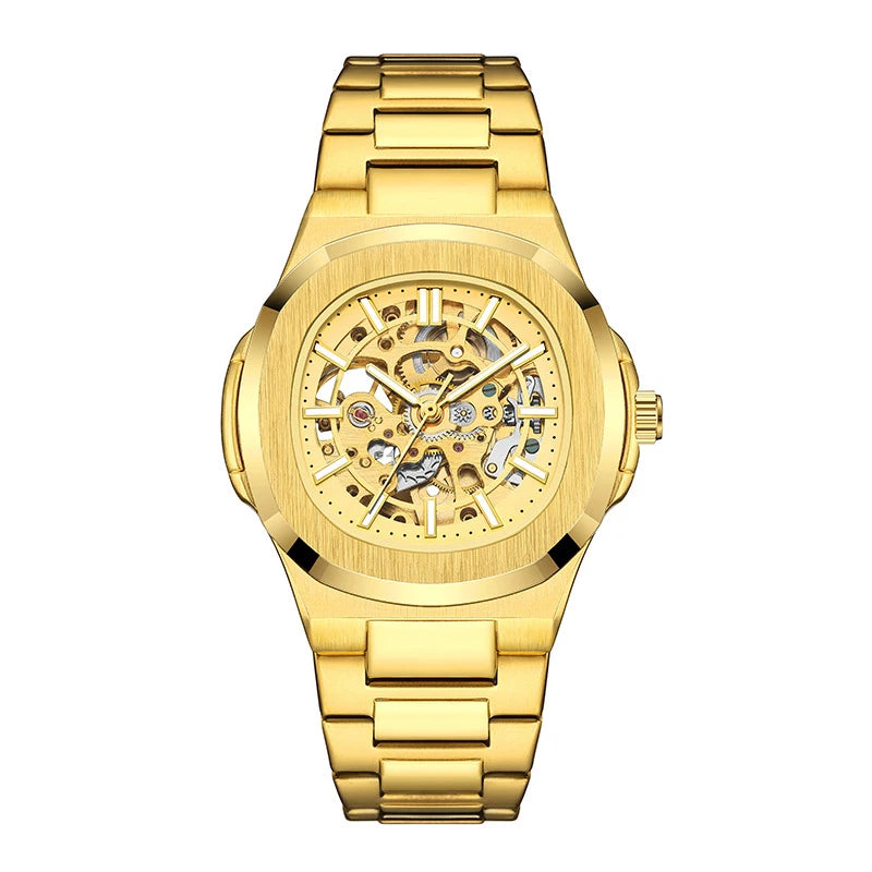 Luxury Mechanical Watch: Black & Gold Stainless Steel
