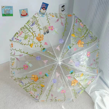 Flower POE Transparent Straight Long-handled 8 Ribs Outdoor Rainy Umbrella