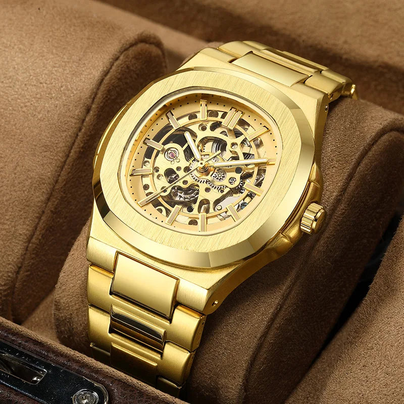 Luxury Mechanical Watch: Black & Gold Stainless Steel