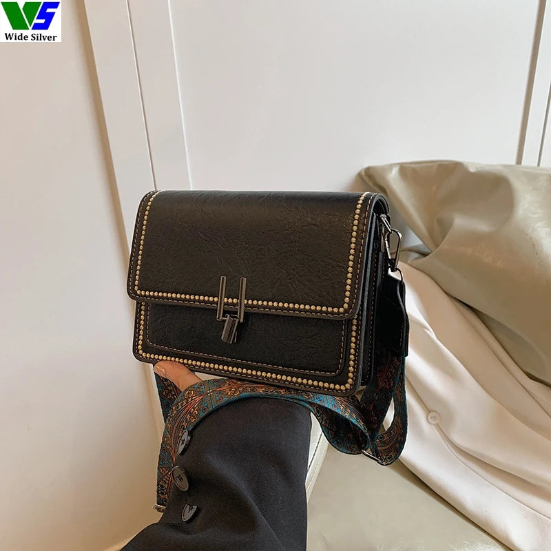 Wide Silver Vintage Women's PU Leather Messenger Bag