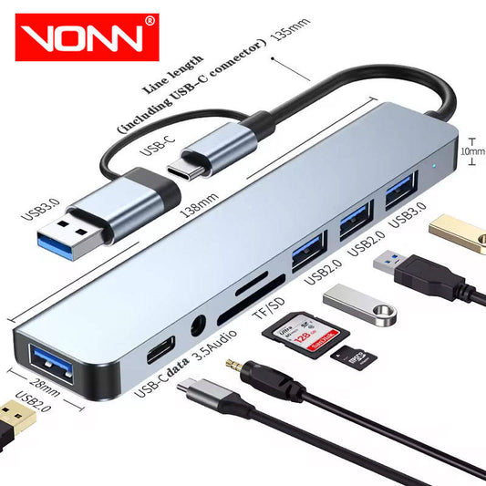 8-in-1 Type-C Multiport USB Hub – USB 3.0 Adapter with 4 USB 2.0 Ports, SD/TF Slot, and 3.5mm Audio Jack
