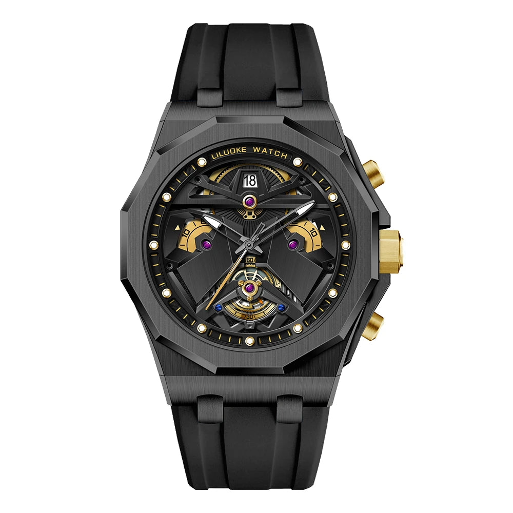 LILUOKE Man Wristwatch Quartz Watch Stainless Steel Case Silicone Strap Waterproof Fashion Watches for Men Sport Watch