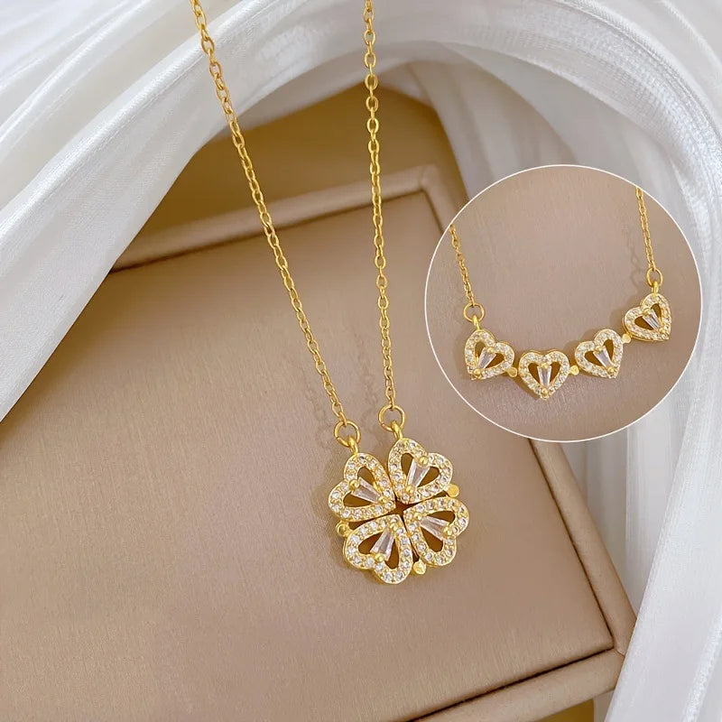 Luxury Gold Zircon Clover Heart Necklace