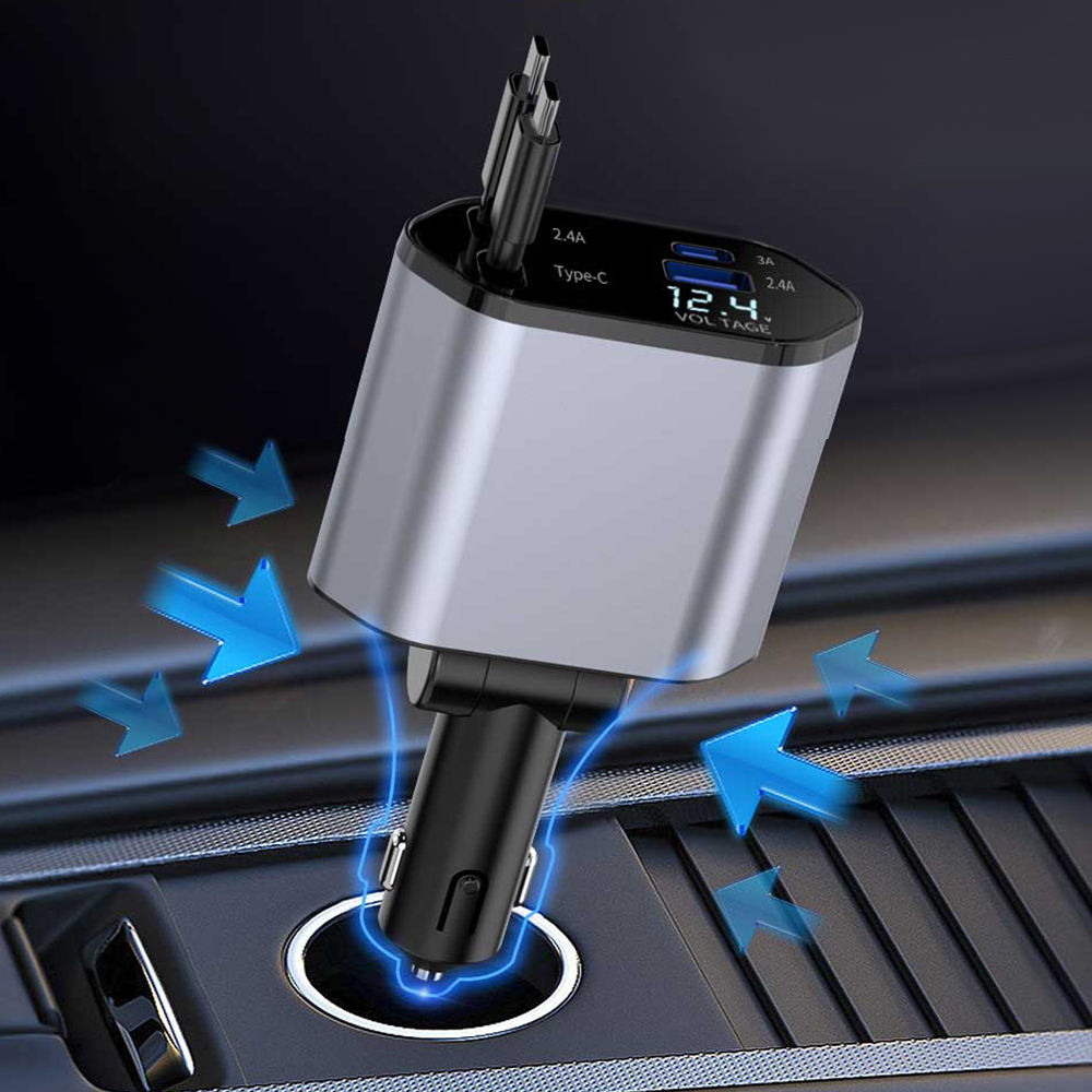 4-in-1 Fast Car Charger with LED Display & Retractable Type-C Cables – Portable for iPhone 16