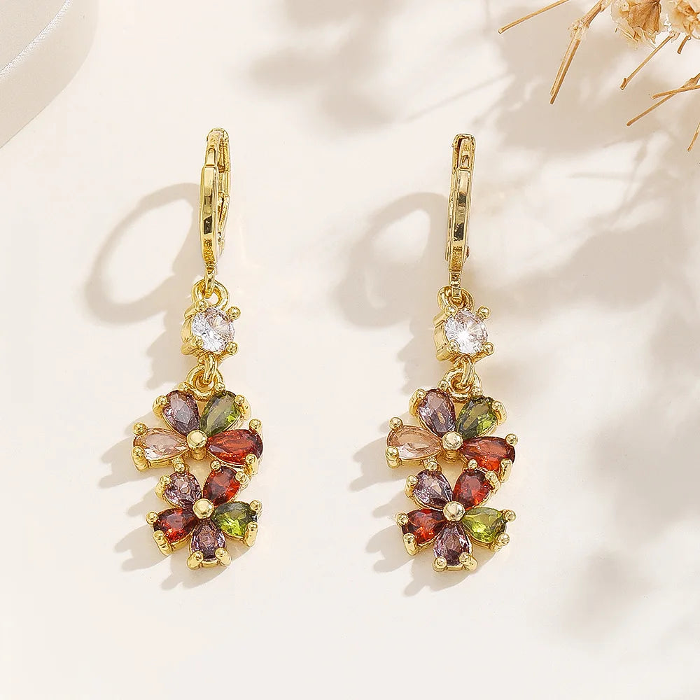 Exquisite Retro Brass Earrings with Colorful Zircon