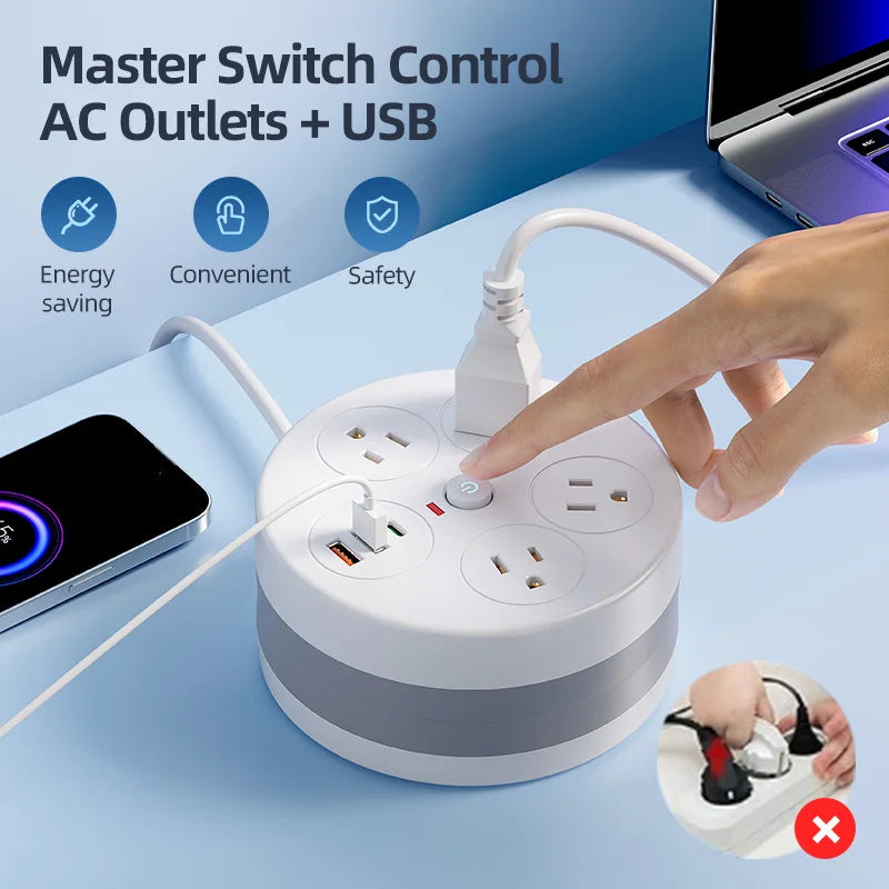 ROUND POWER SOCKET RETRACTABLE EXTENSION CORD 4AC 3USB US TYPE POWER STRIP