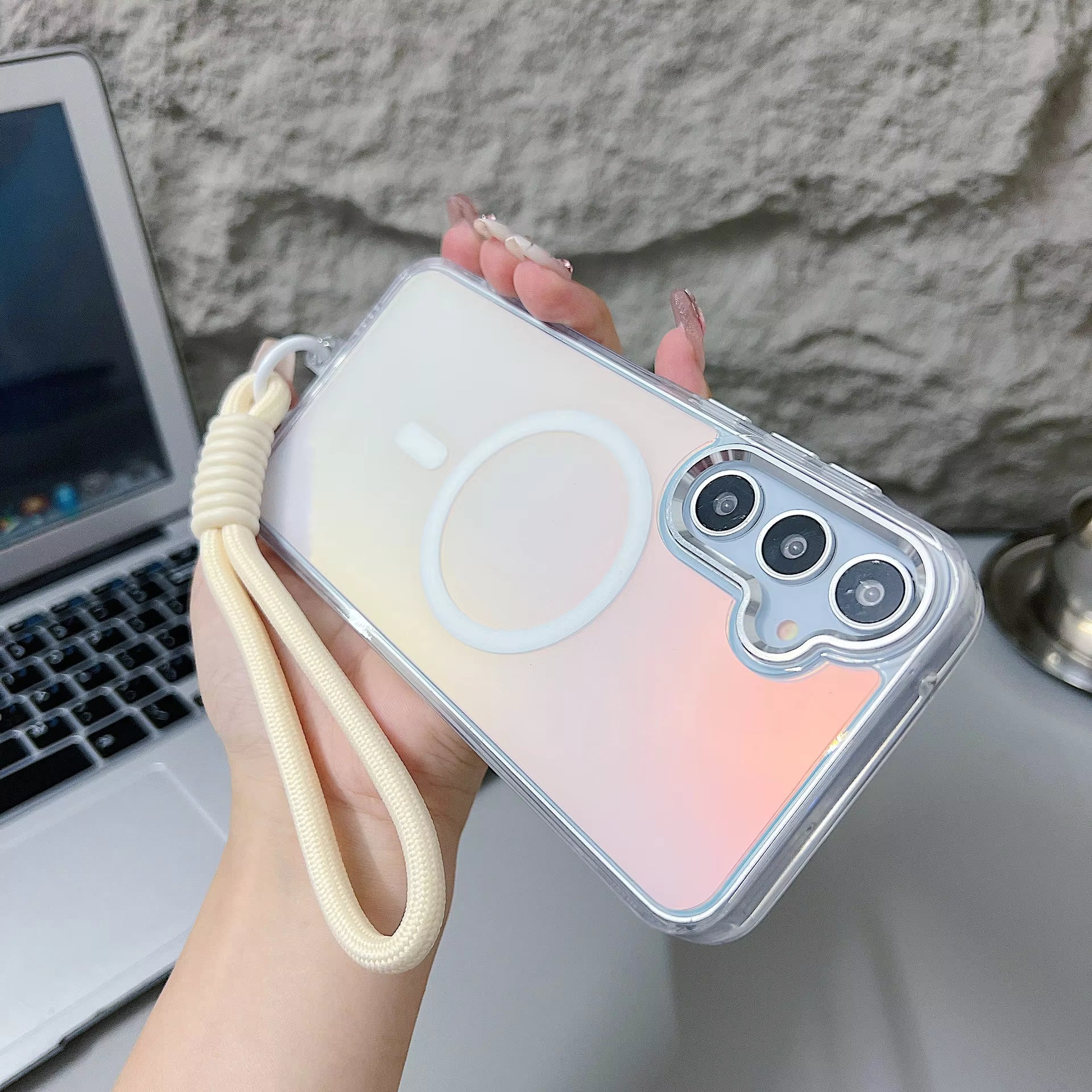 Stylish Gradient Laser Back Cover Magnetic Stand Wrist Strap for Samsung