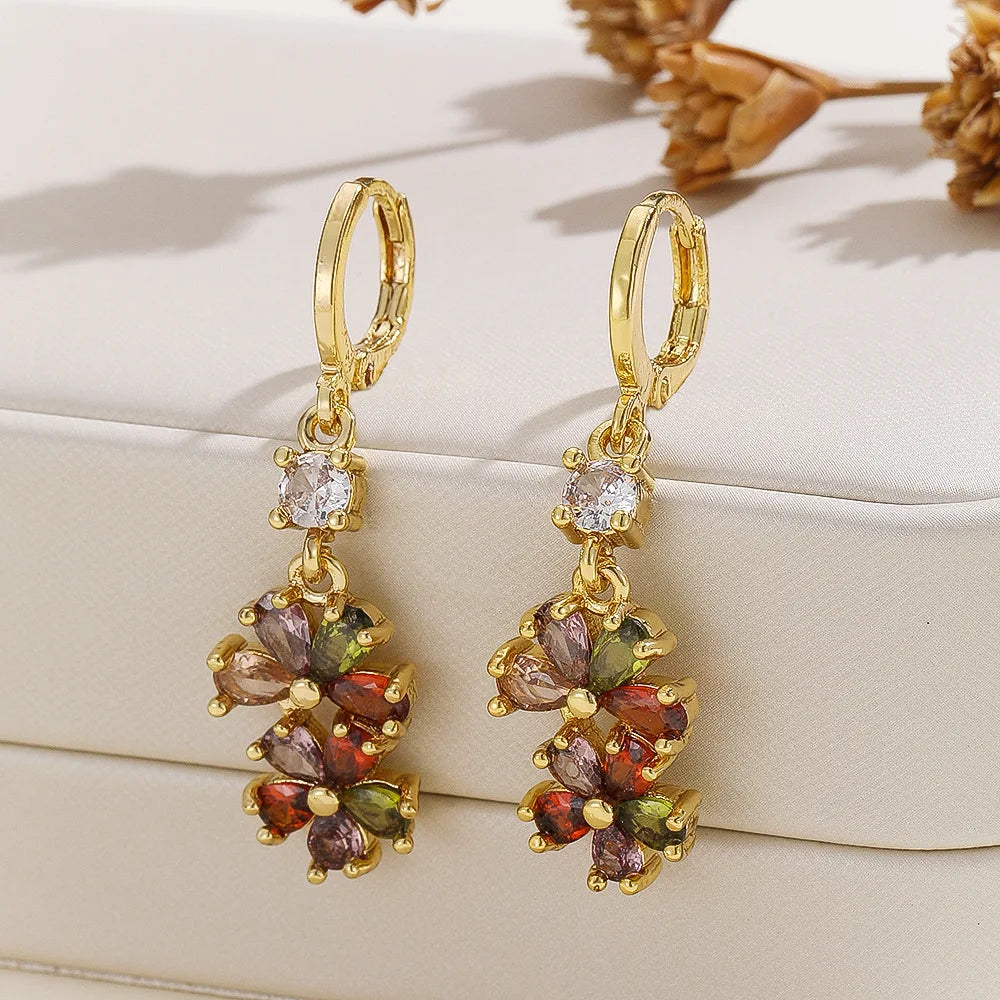Exquisite Retro Brass Earrings with Colorful Zircon