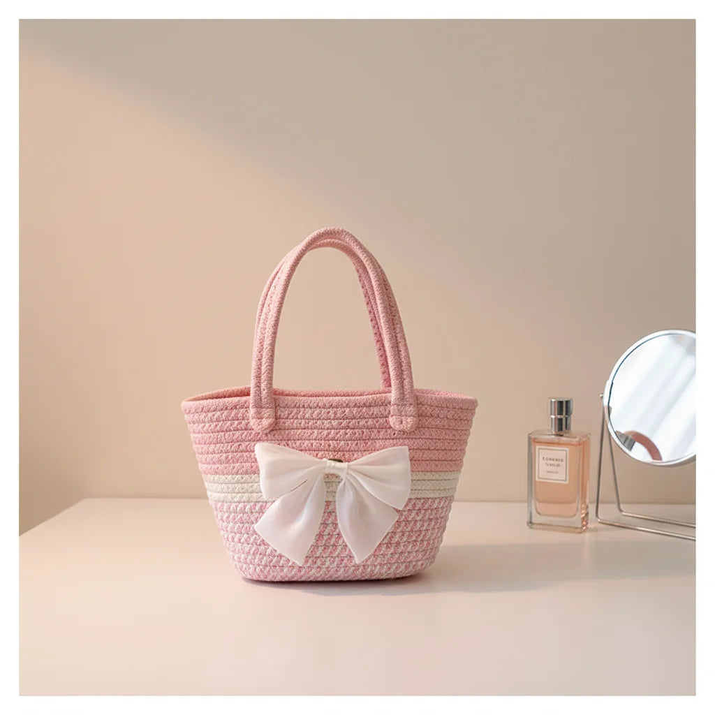 Handwoven Straw Shoulder Bag for Women Summer Beach Tote with Bow