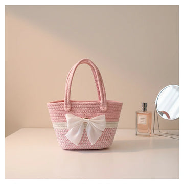 Handwoven Straw Shoulder Bag for Women Summer Beach Tote with Bow