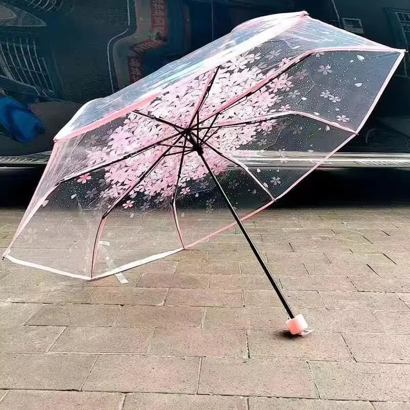 Cherry Blossm Printed 3-Folding Ruffled Edge POE Plastic Transparent Umbrella